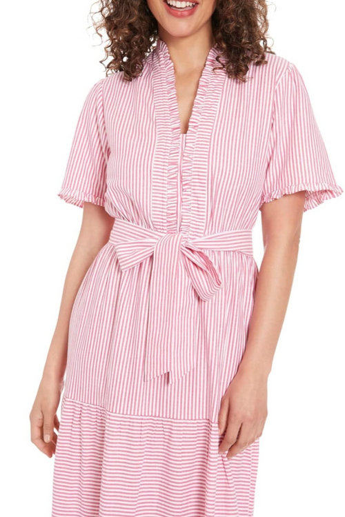 London Times T7395M Stripe Tiered Short Sleeve Maxi Dress with Striped Design