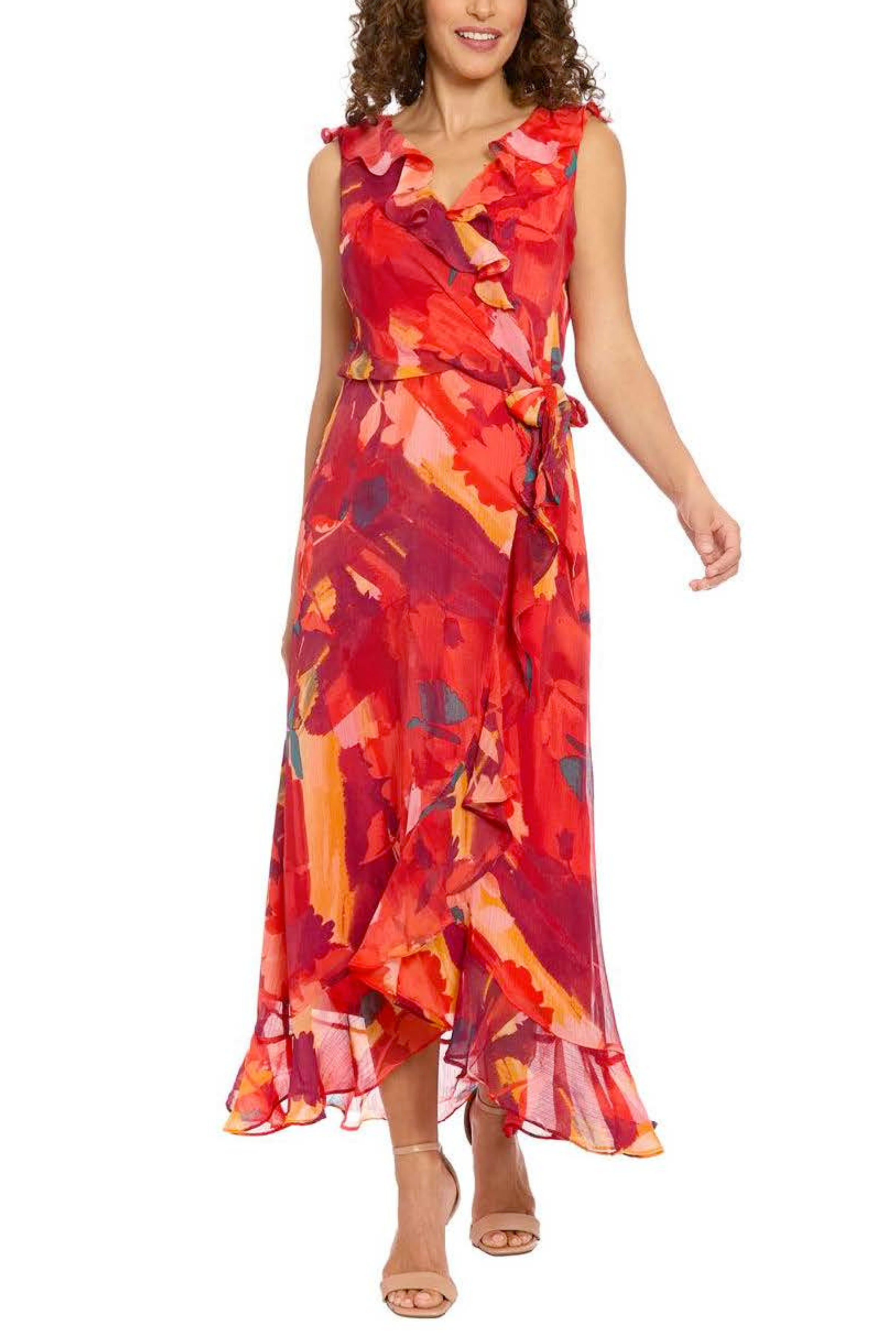 London Times T7438M Red Pink Flower Print Faux Wrap Sleeveless 100% Polyester Midi Dress with Ruffled Detail and Floral Print