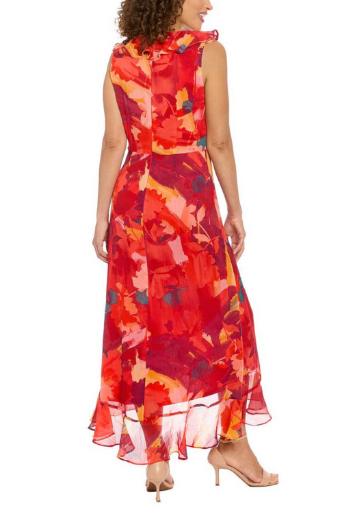 London Times T7438M Red Pink Flower Print Faux Wrap Sleeveless 100% Polyester Midi Dress with Ruffled Detail and Floral Print