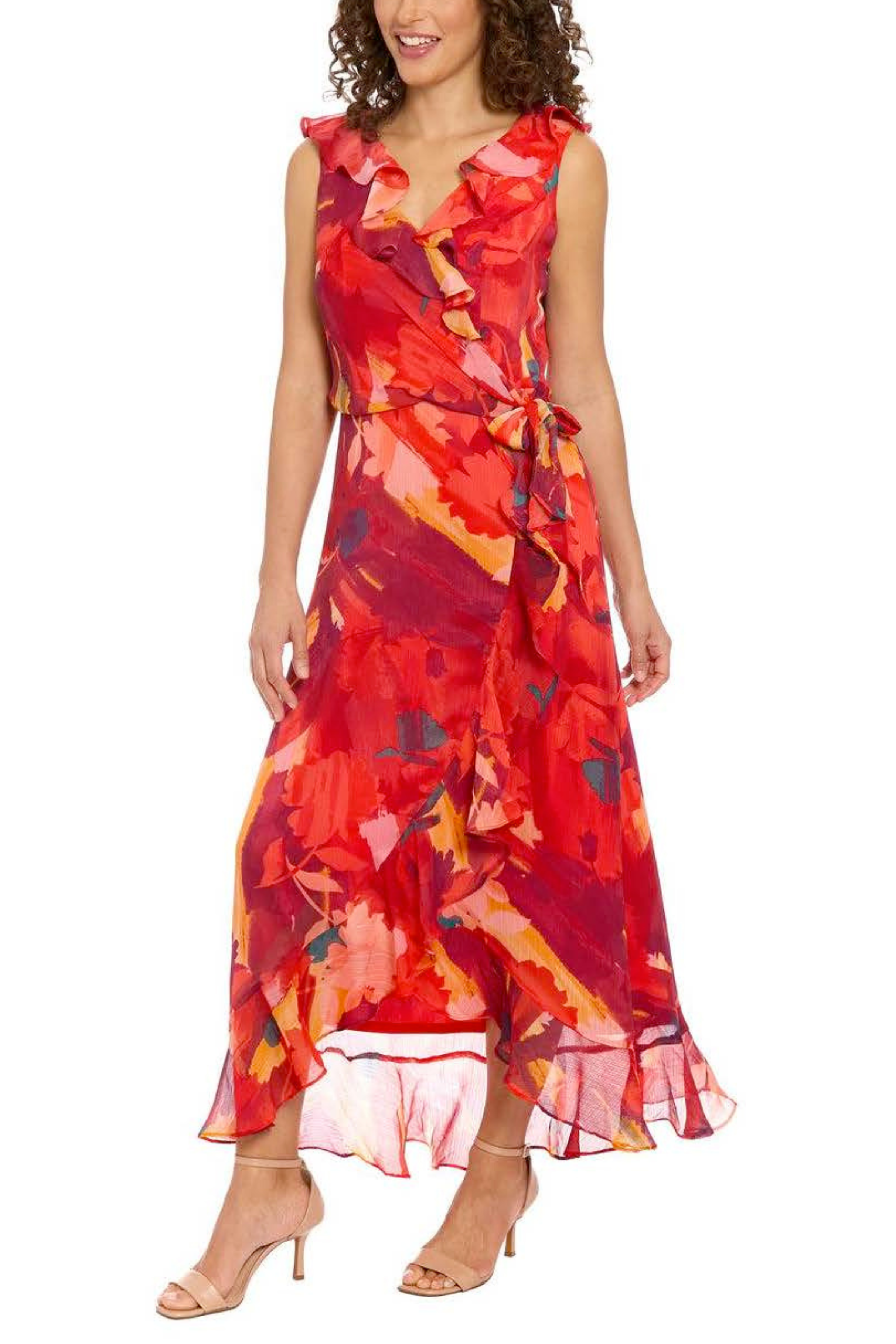 London Times T7438M Red Pink Flower Print Faux Wrap Sleeveless 100% Polyester Midi Dress with Ruffled Detail and Floral Print