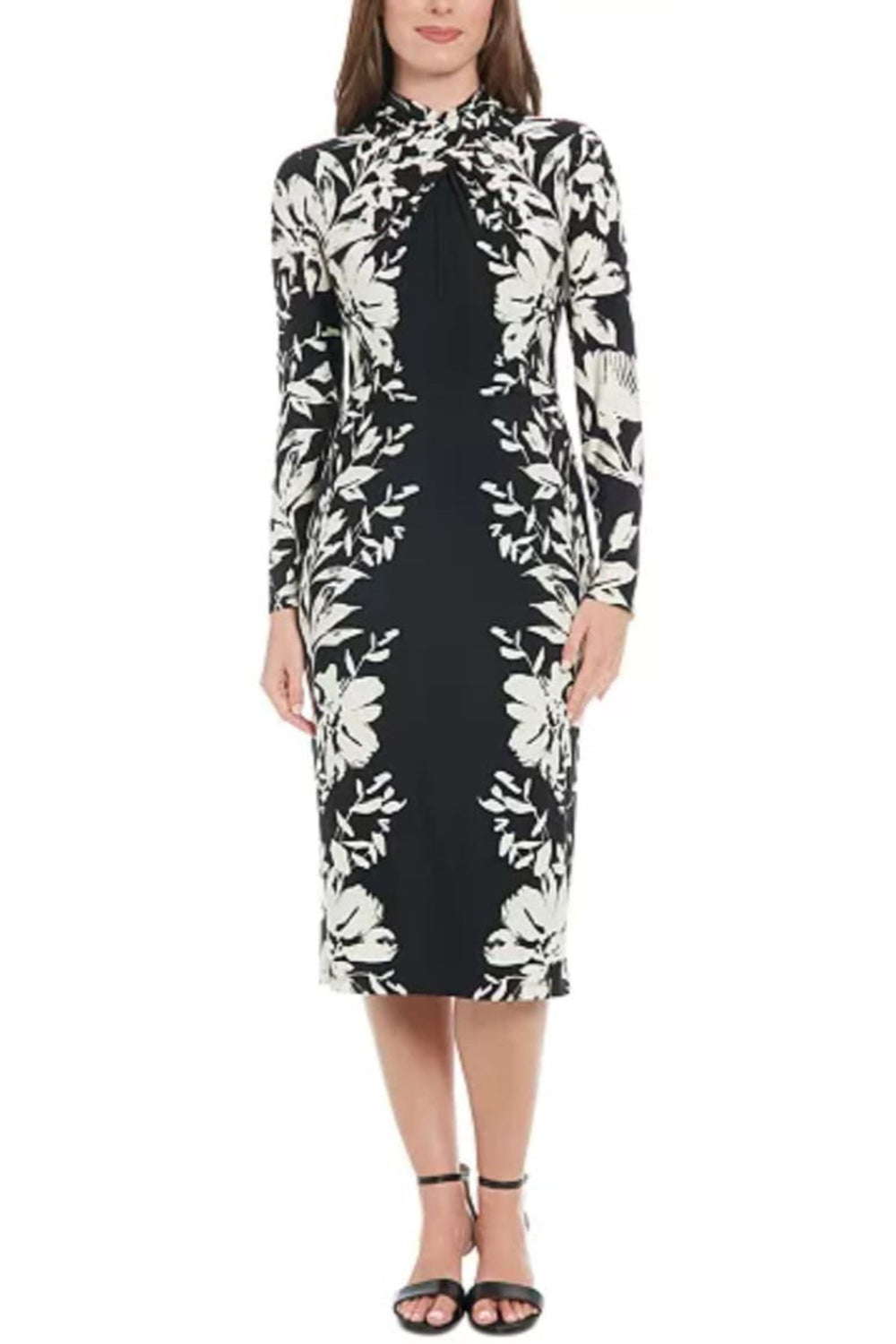 London Times T7593P Black Cream Long Sleeve Floral Sheath Midi Dress