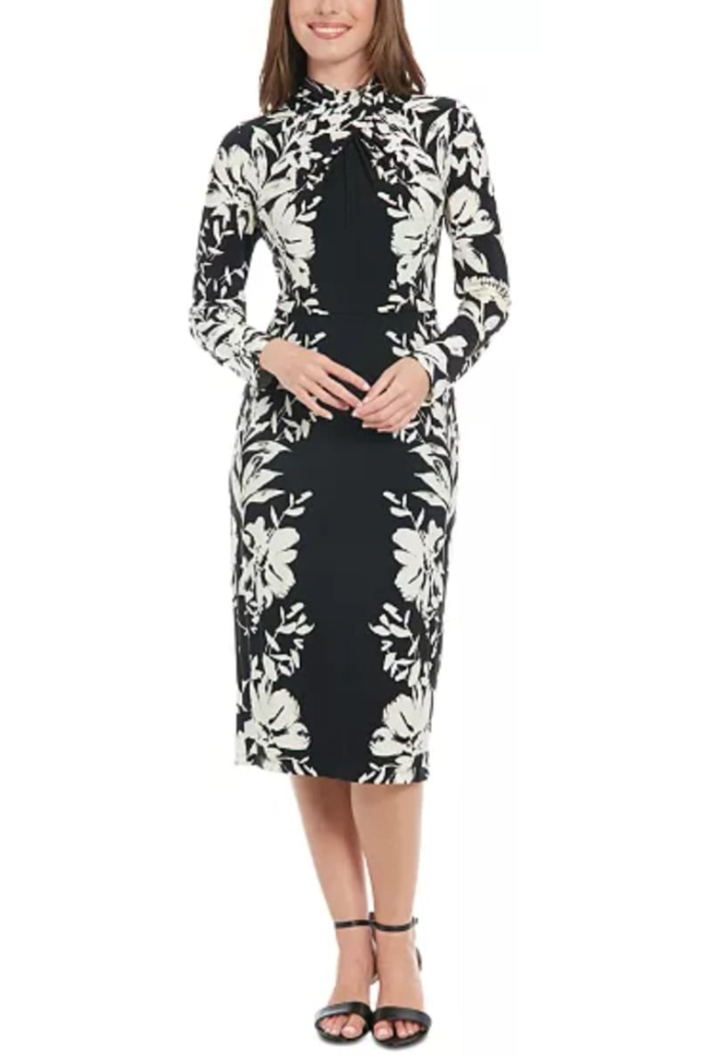 London Times T7593P Black Cream Long Sleeve Floral Sheath Midi Dress with Floral Print