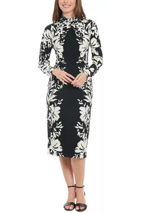 London Times T7593P Black Cream Long Sleeve Floral Sheath Midi Dress with Floral Print