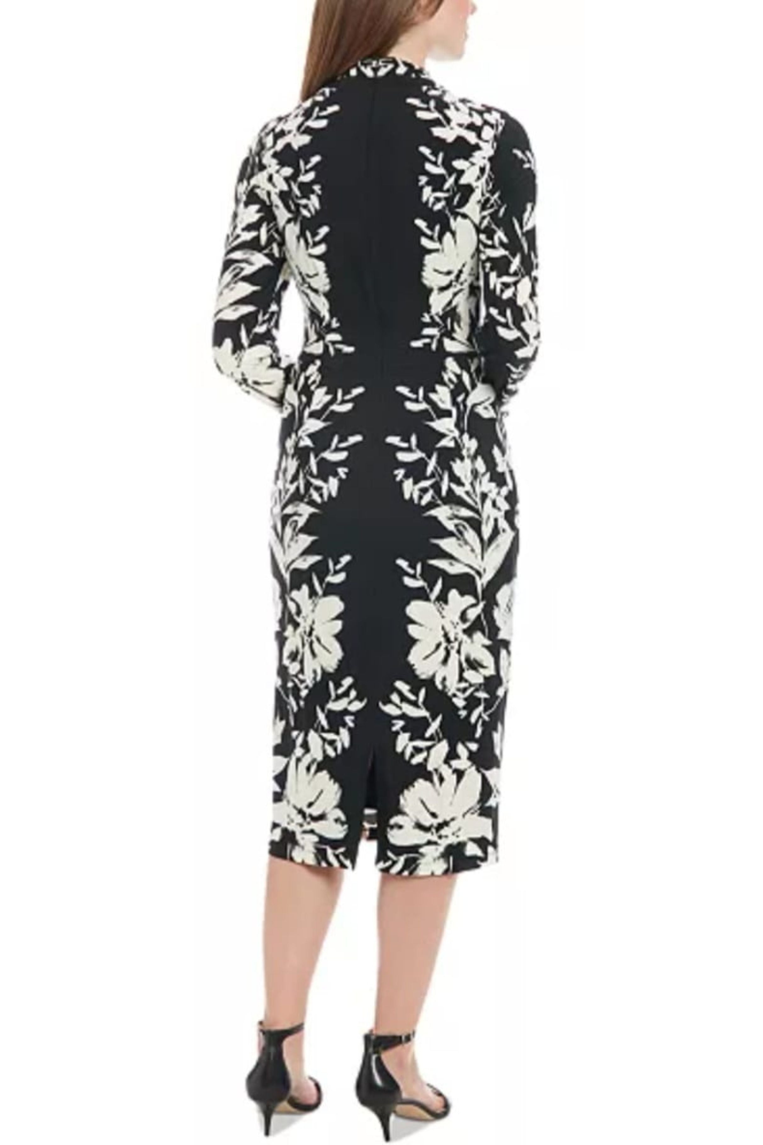 London Times T7593P Black Cream Long Sleeve Floral Sheath Midi Dress with Floral Print