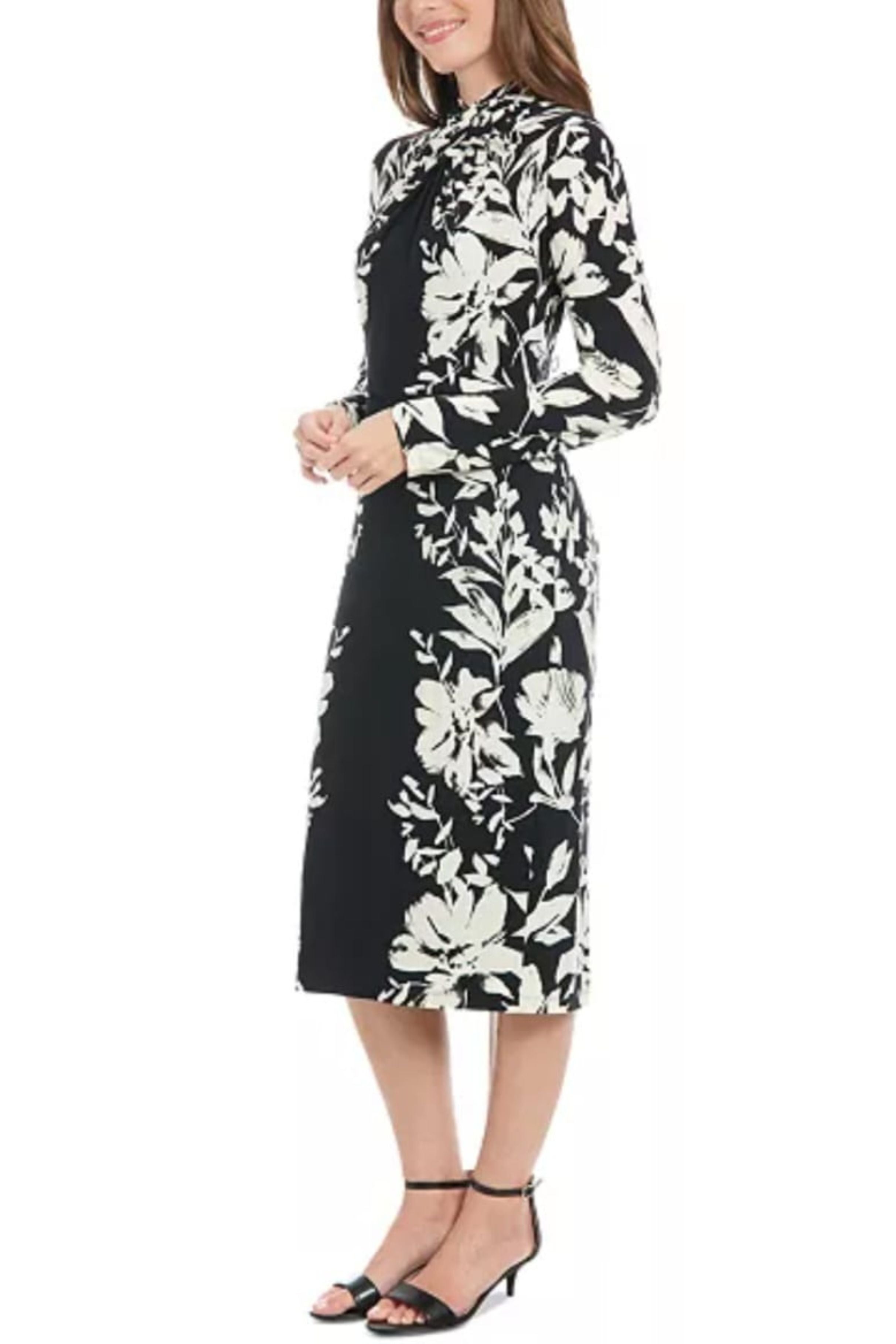 London Times T7593P Black Cream Long Sleeve Floral Sheath Midi Dress with Floral Print