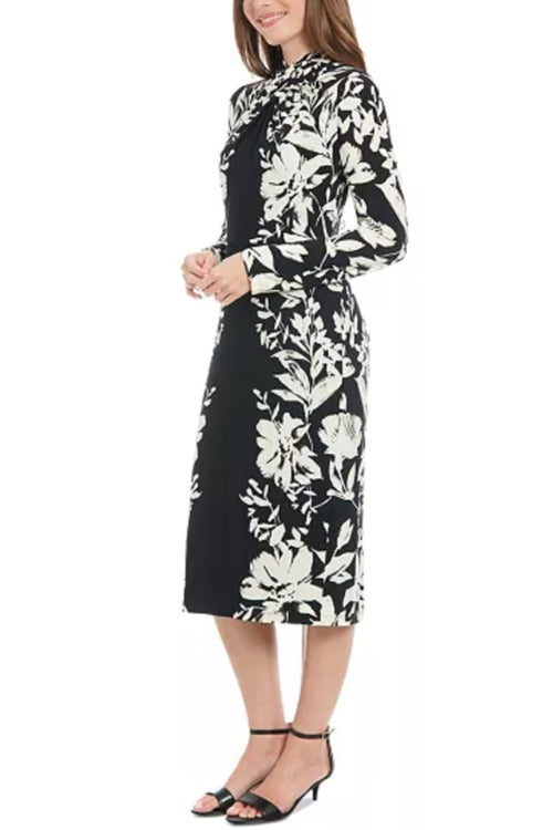 London Times T7593P Black Cream Long Sleeve Floral Sheath Midi Dress with Floral Print