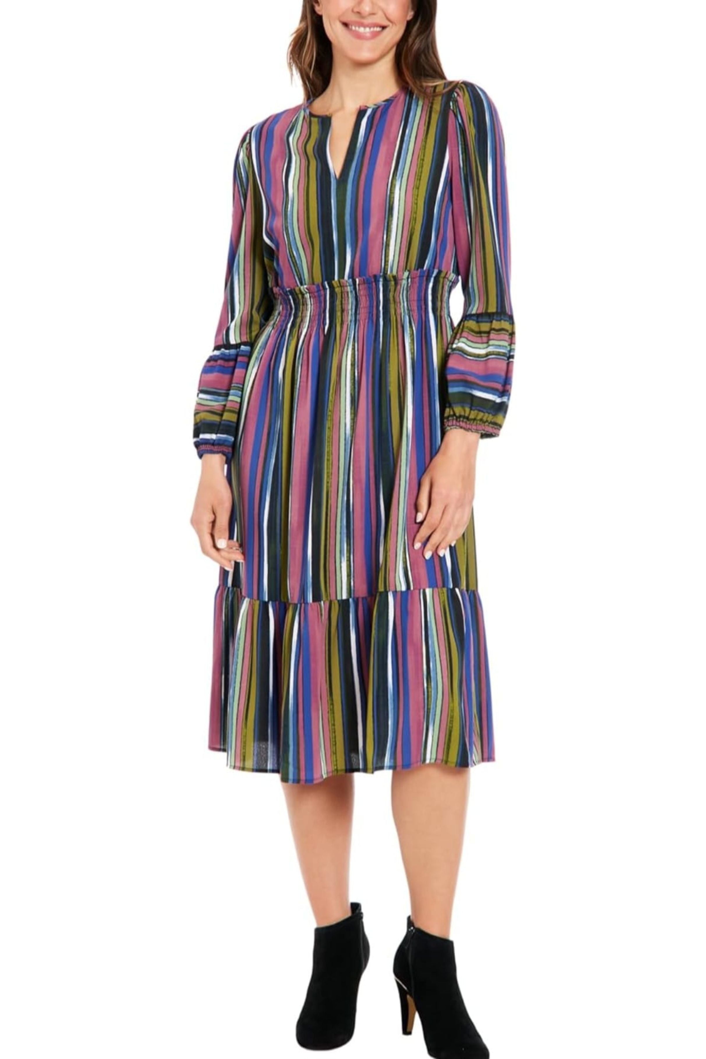 London Times T7595M Navy Multi Multi Color Stripe Long Sleeve A-Line Midi Dress with Striped Design