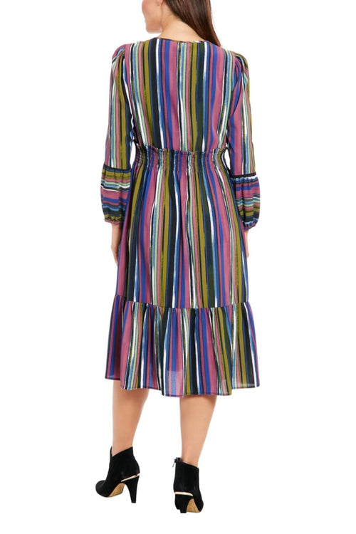 London Times T7595M Navy Multi Multi Color Stripe Long Sleeve A-Line Midi Dress with Striped Design