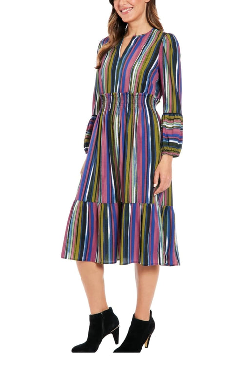 London Times T7595M Navy Multi Multi Color Stripe Long Sleeve A-Line Midi Dress with Striped Design