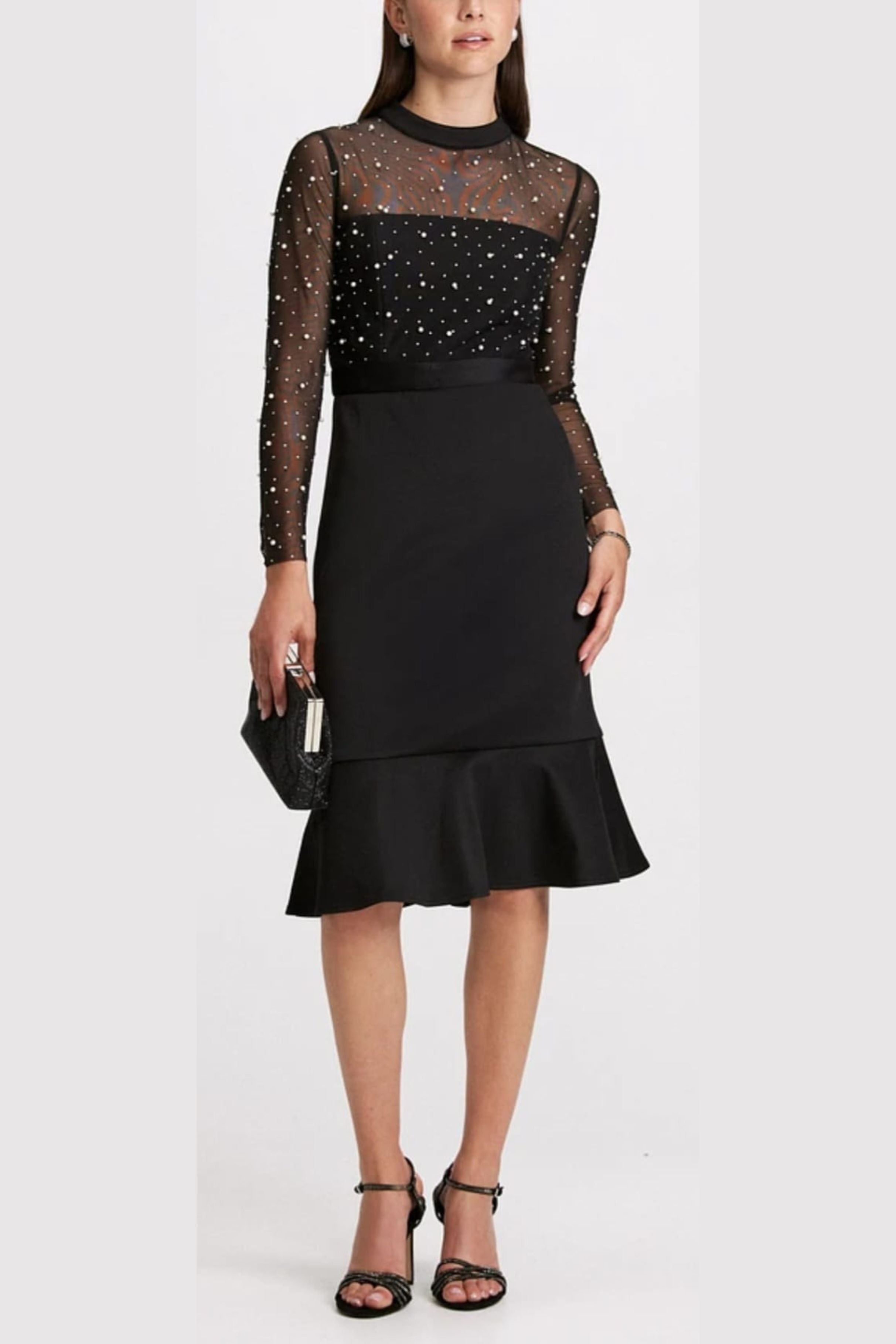 London Times T7620M Pearl Illusion Mock Neck Long Sleeve Midi Dress
