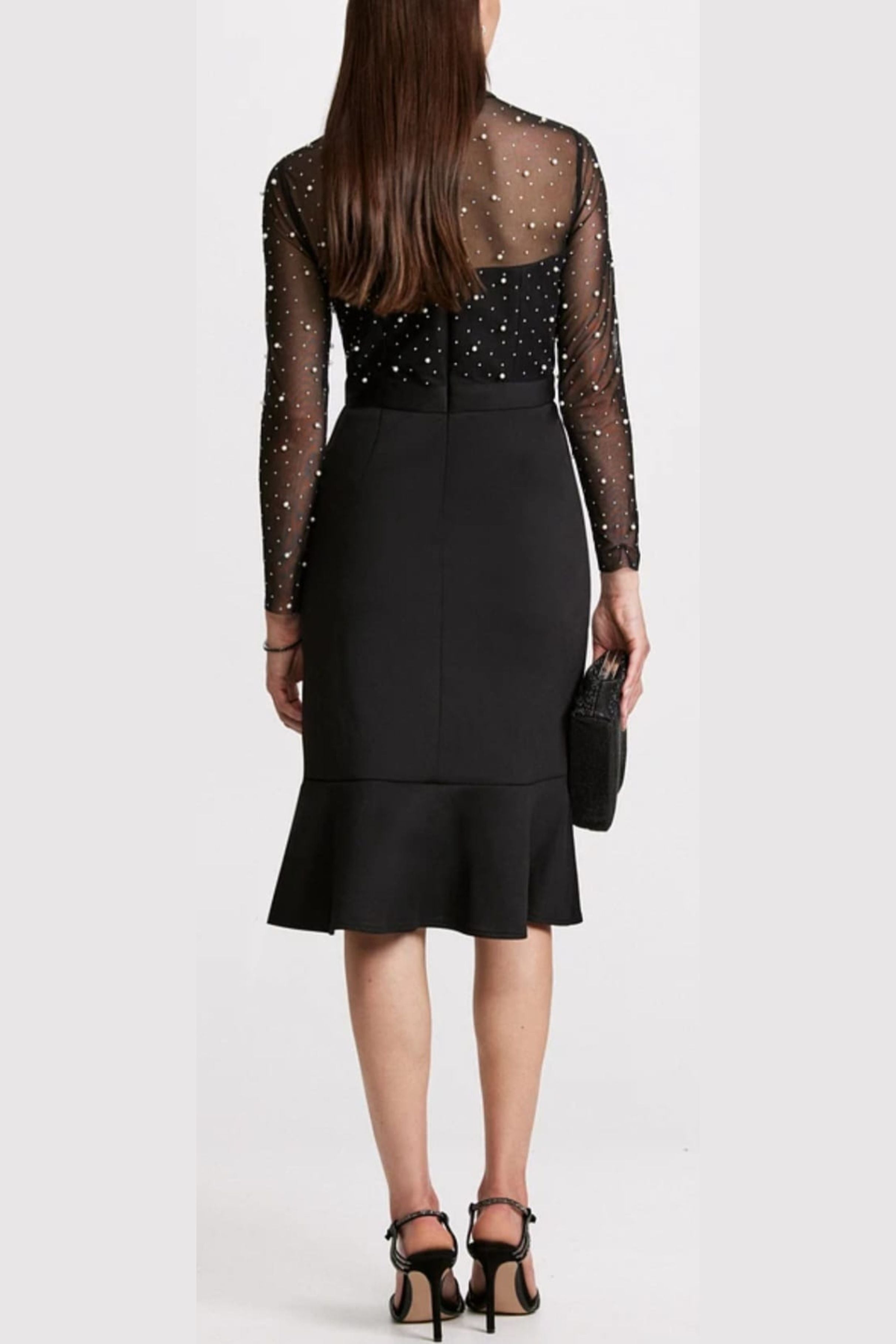 London Times T7620M Pearl Illusion Mock Neck Long Sleeve Midi Dress with Ruffled Detail and Sheer Detail