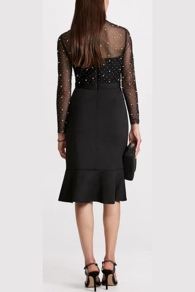 London Times T7620M Pearl Illusion Mock Neck Long Sleeve Midi Dress with Ruffled Detail and Sheer Detail