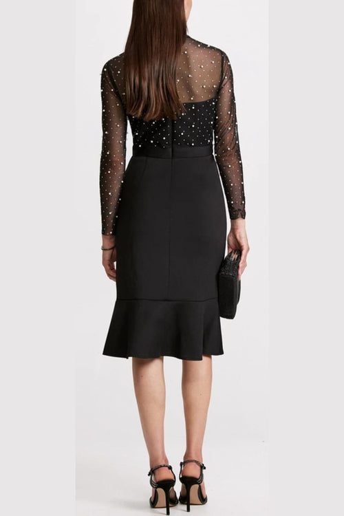 London Times T7620M Pearl Illusion Mock Neck Long Sleeve Midi Dress with Ruffled Detail and Sheer Detail