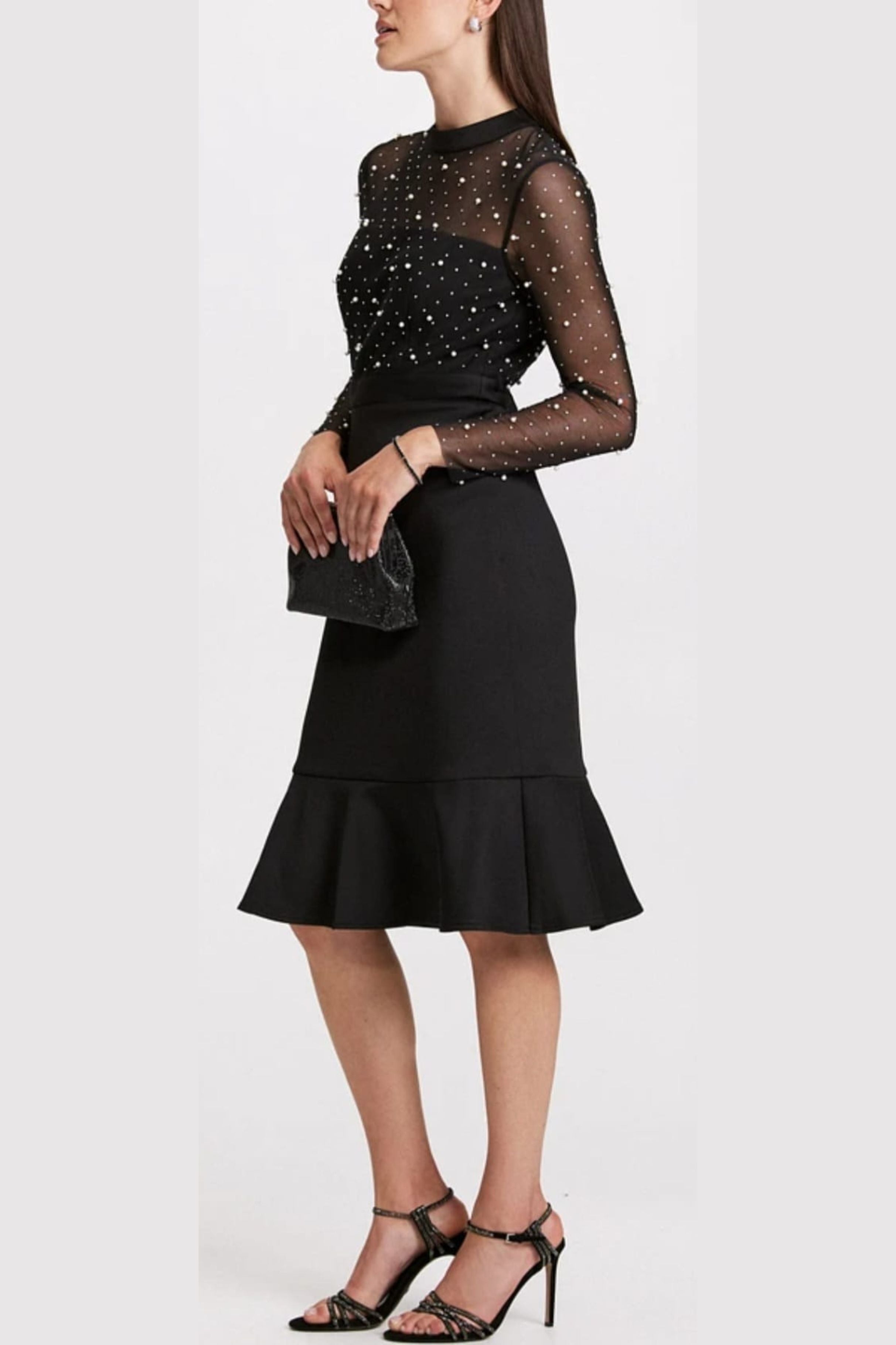 London Times T7620M Pearl Illusion Mock Neck Long Sleeve Midi Dress with Ruffled Detail and Sheer Detail