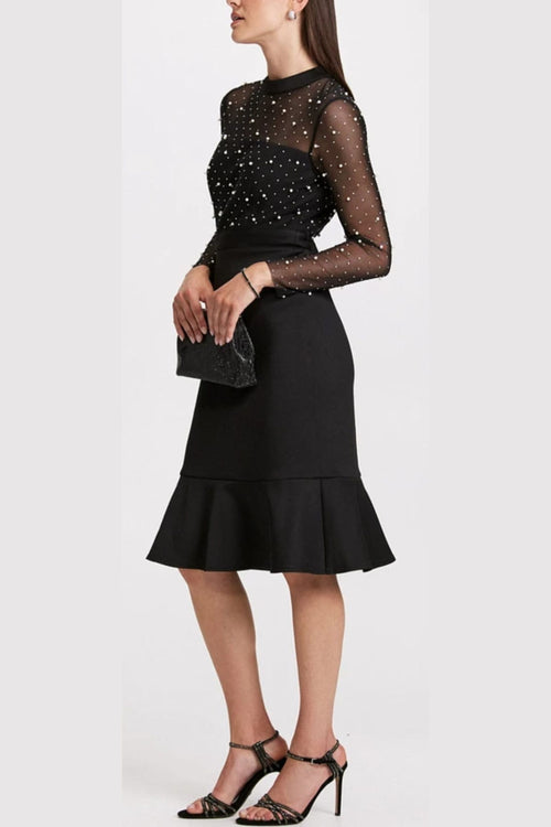 London Times T7620M Pearl Illusion Mock Neck Long Sleeve Midi Dress with Ruffled Detail and Sheer Detail