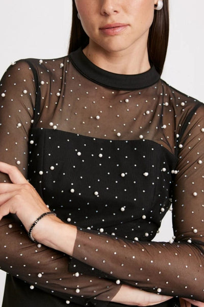 London Times T7620M Pearl Illusion Mock Neck Long Sleeve Midi Dress with Ruffled Detail and Sheer Detail