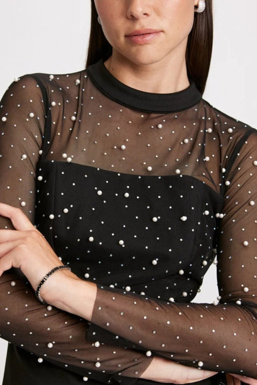 London Times T7620M Pearl Illusion Mock Neck Long Sleeve Midi Dress with Ruffled Detail and Sheer Detail