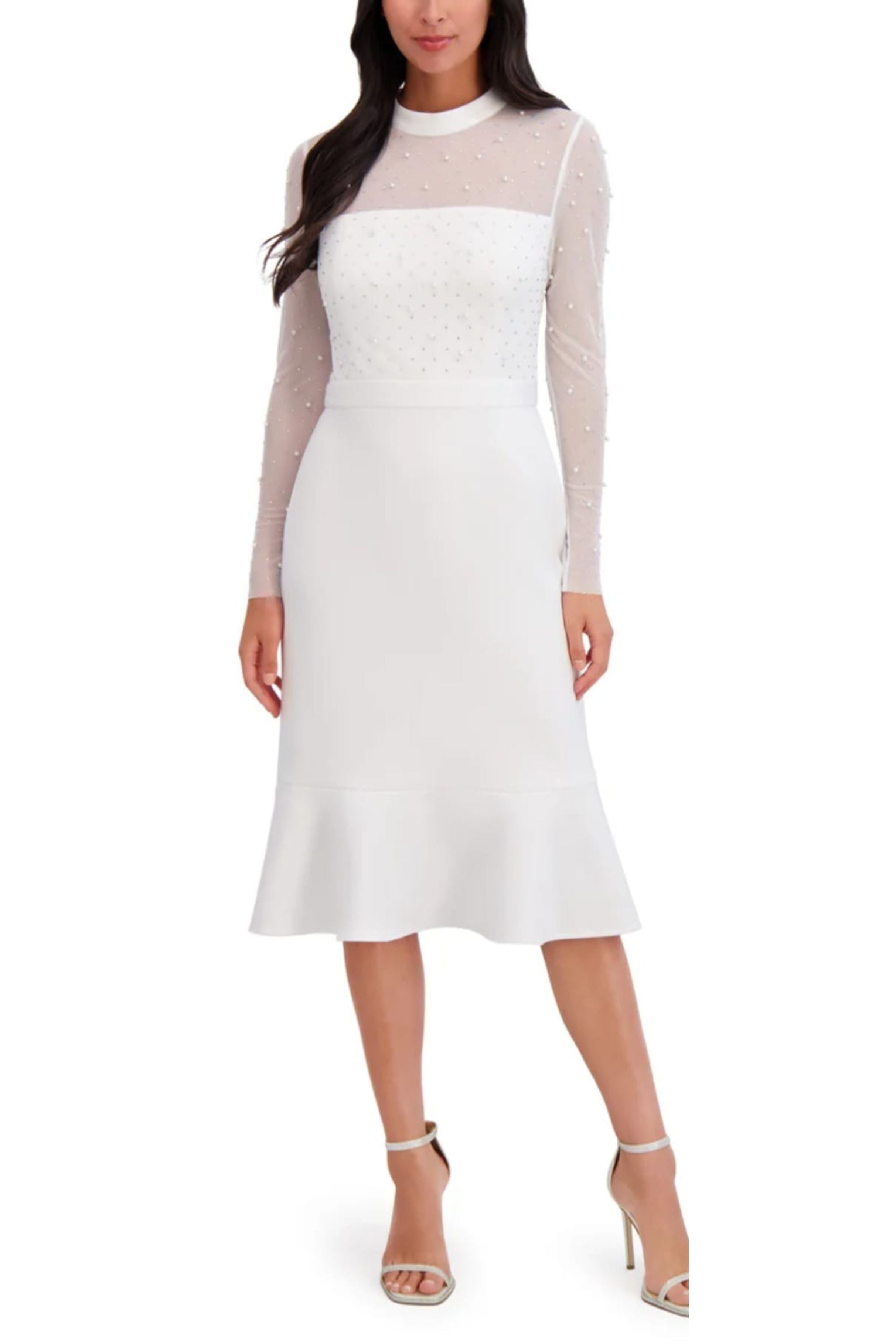 London Times T7620M Pearl Illusion Mock Neck Long Sleeve Midi Dress with Ruffled Detail and Sheer Detail