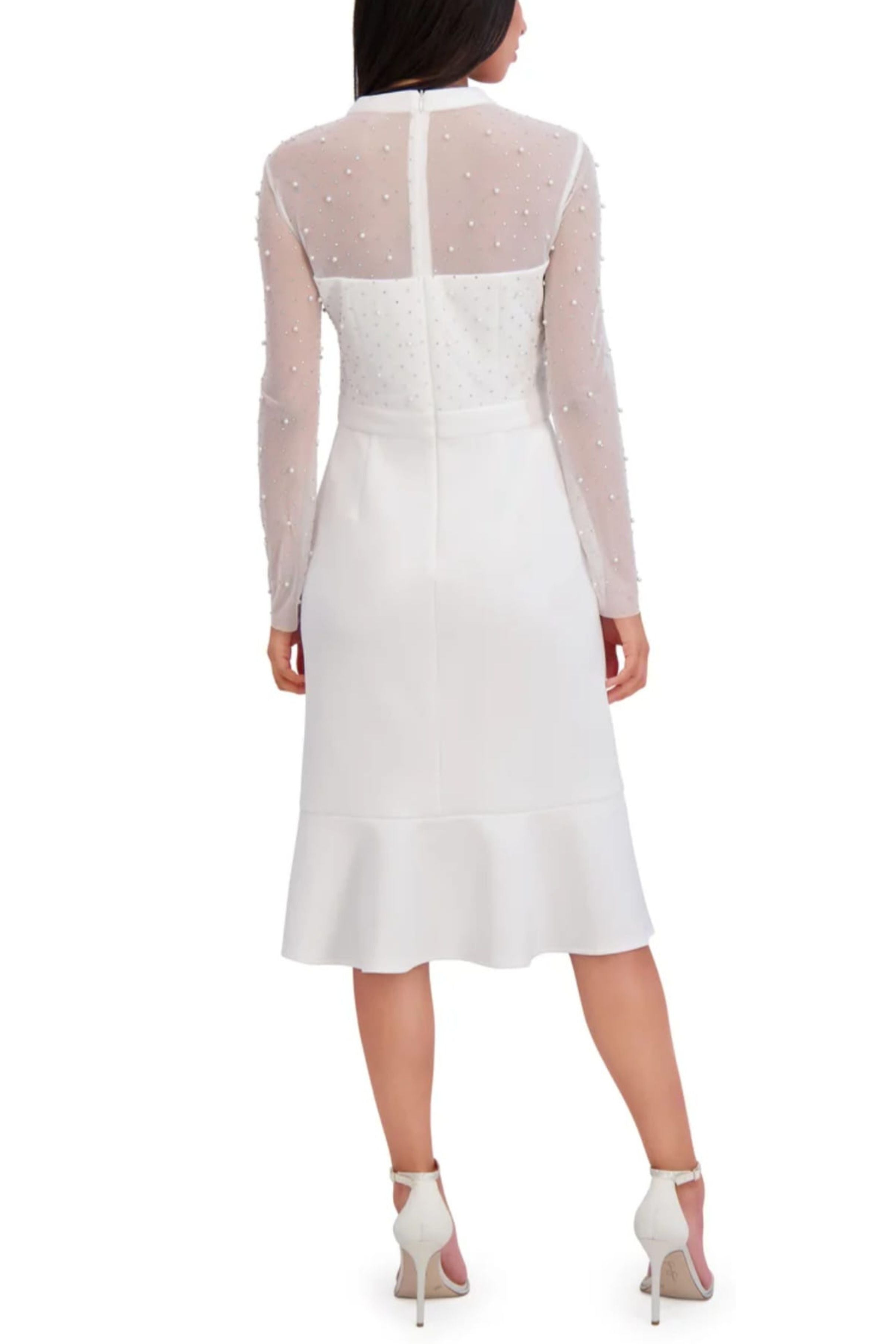 London Times T7620M Pearl Illusion Mock Neck Long Sleeve Midi Dress with Ruffled Detail and Sheer Detail