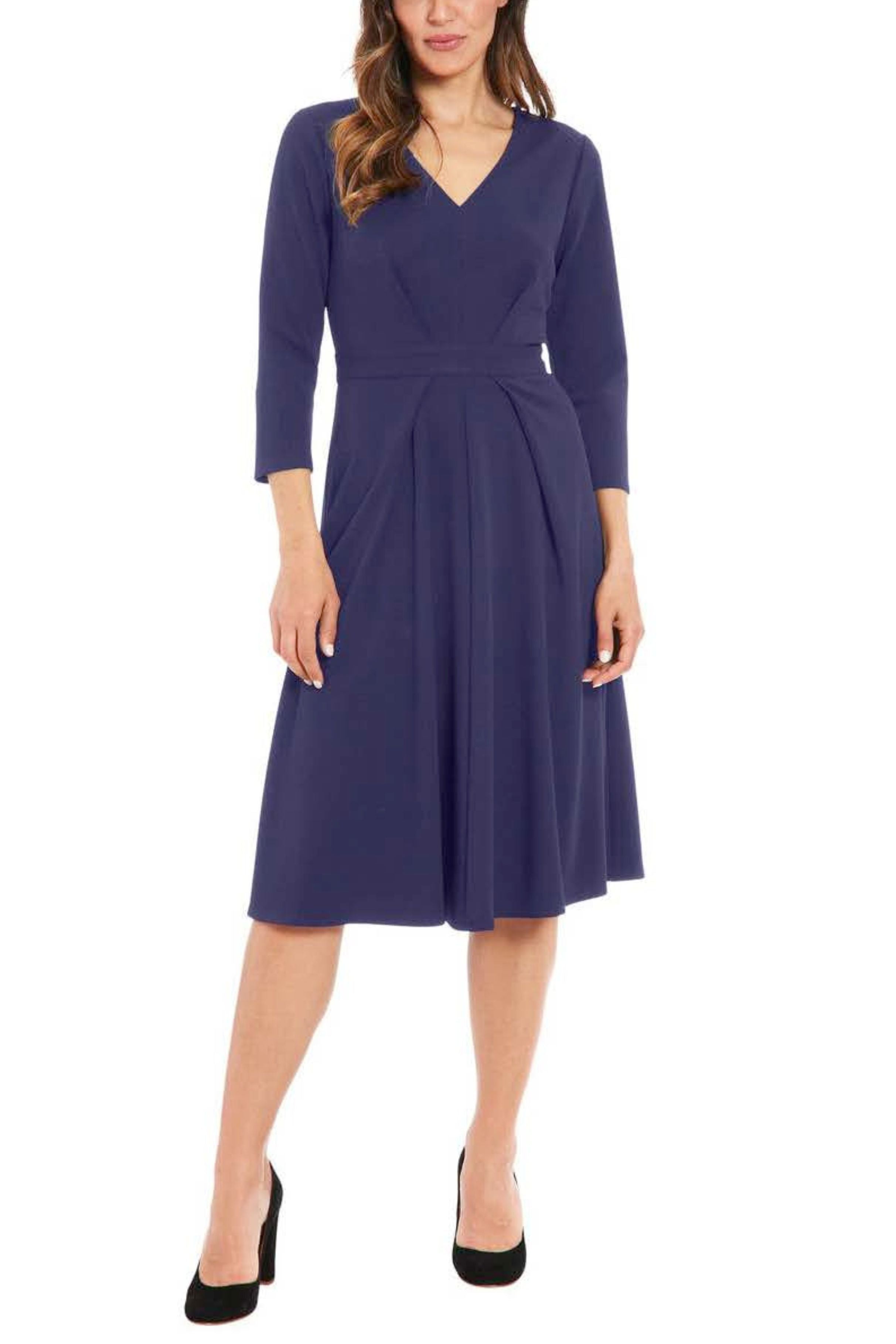 London Times T7624M 3/4 Sleeve A-Line V-Neck Midi Dress with Pleated