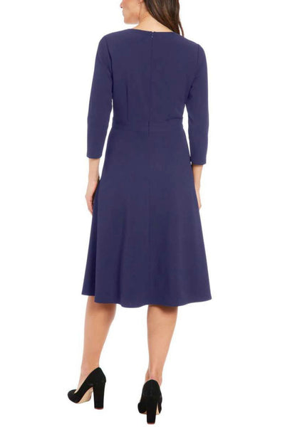 London Times T7624M 3/4 Sleeve A-Line V-Neck Midi Dress with Pleated Detail