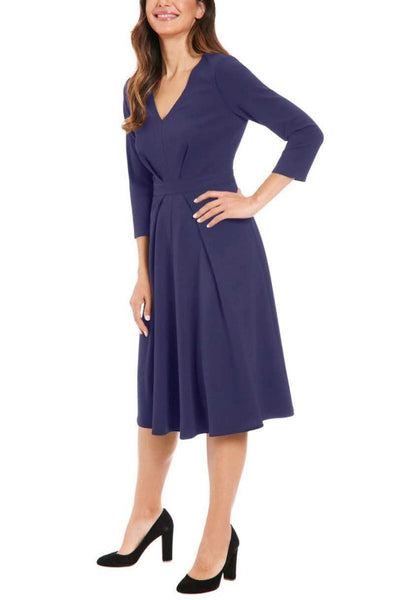 London Times T7624M 3/4 Sleeve A-Line V-Neck Midi Dress with Pleated Detail