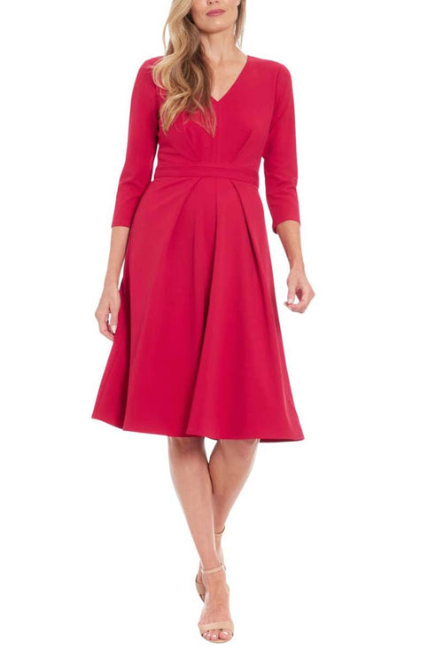 London Times T7624M 3/4 Sleeve A-Line V-Neck Midi Dress with Pleated Detail