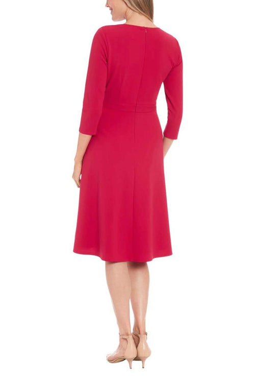 London Times T7624M 3/4 Sleeve A-Line V-Neck Midi Dress with Pleated Detail