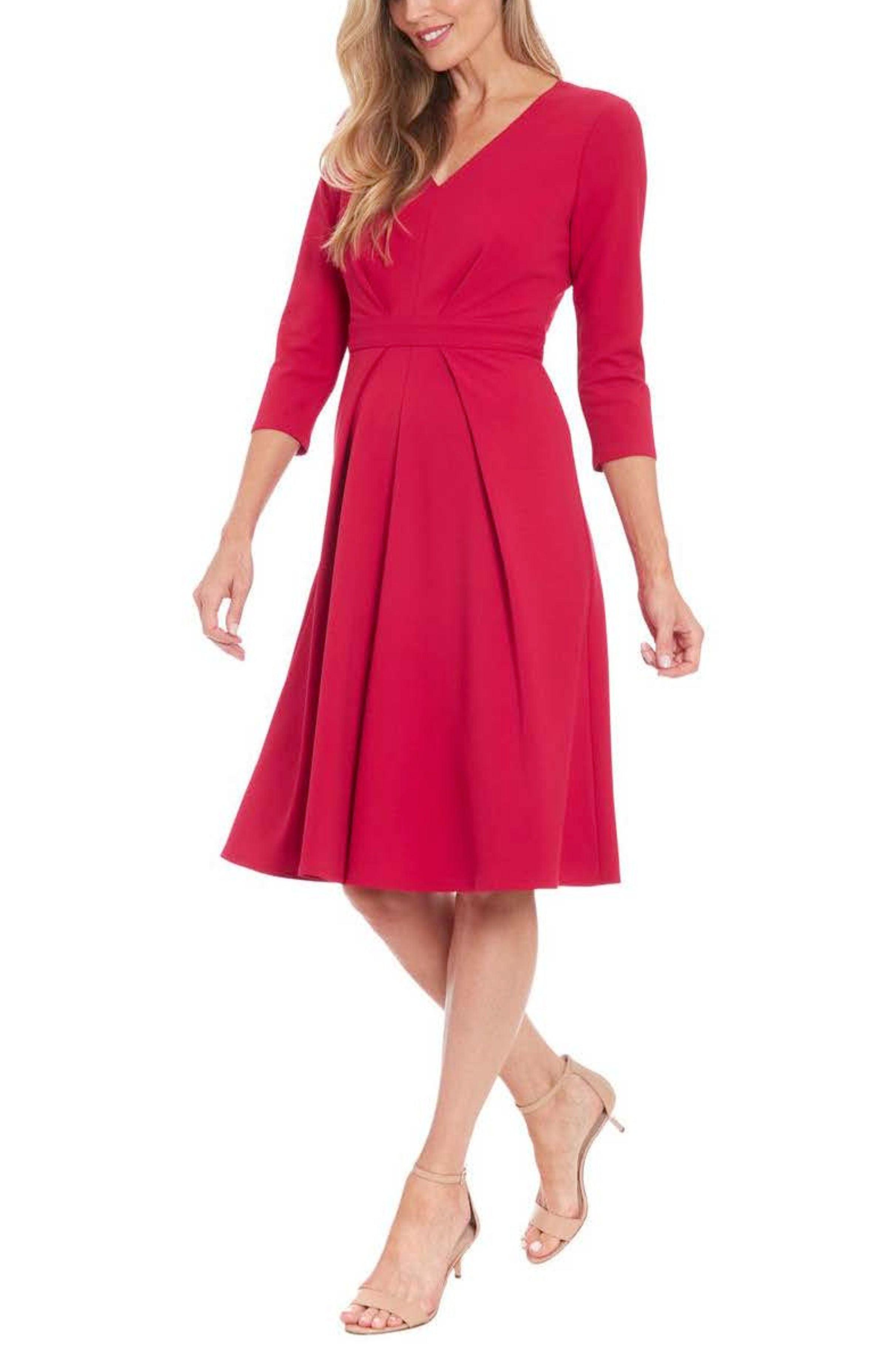 London Times T7624M 3/4 Sleeve A-Line V-Neck Midi Dress with Pleated Detail