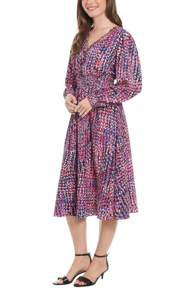 London Times T7687M Pink Multi Multi Color A-Line Long Sleeve Midi Dress