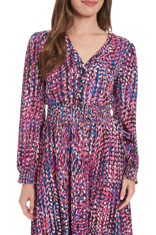 London Times T7687M Pink Multi Multi Color A-Line Long Sleeve Midi Dress