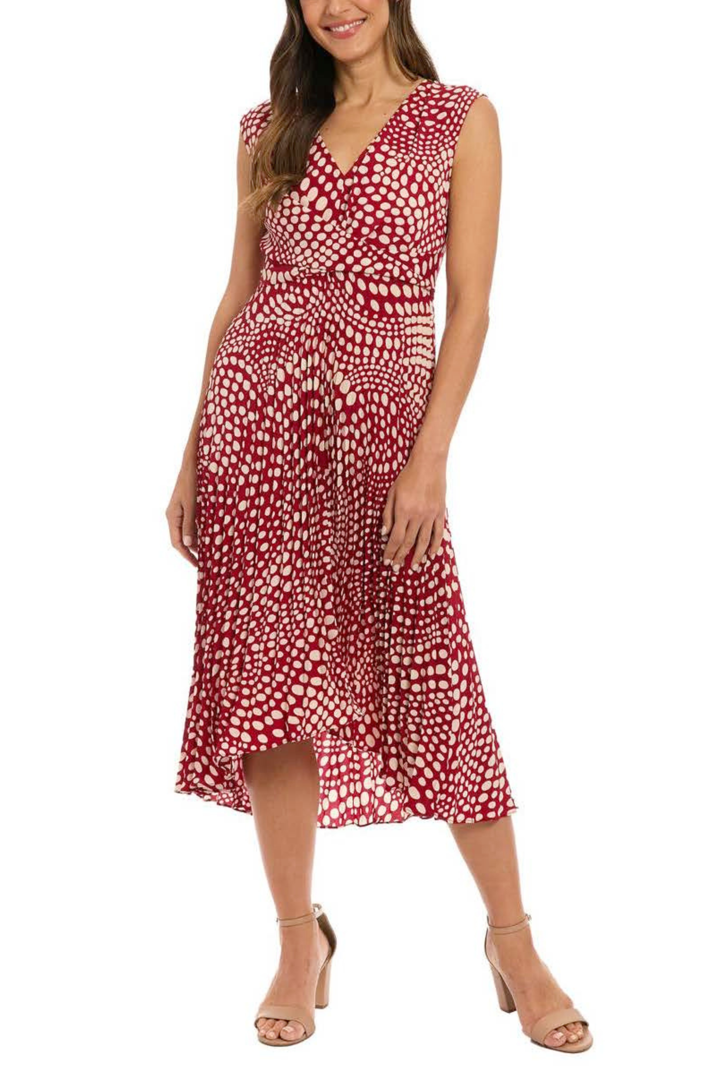 London Times T7695M Red Cream Polka Dot Pleated Hi-Lo Sleeveless V-Neck Midi Dress with Twist Detail