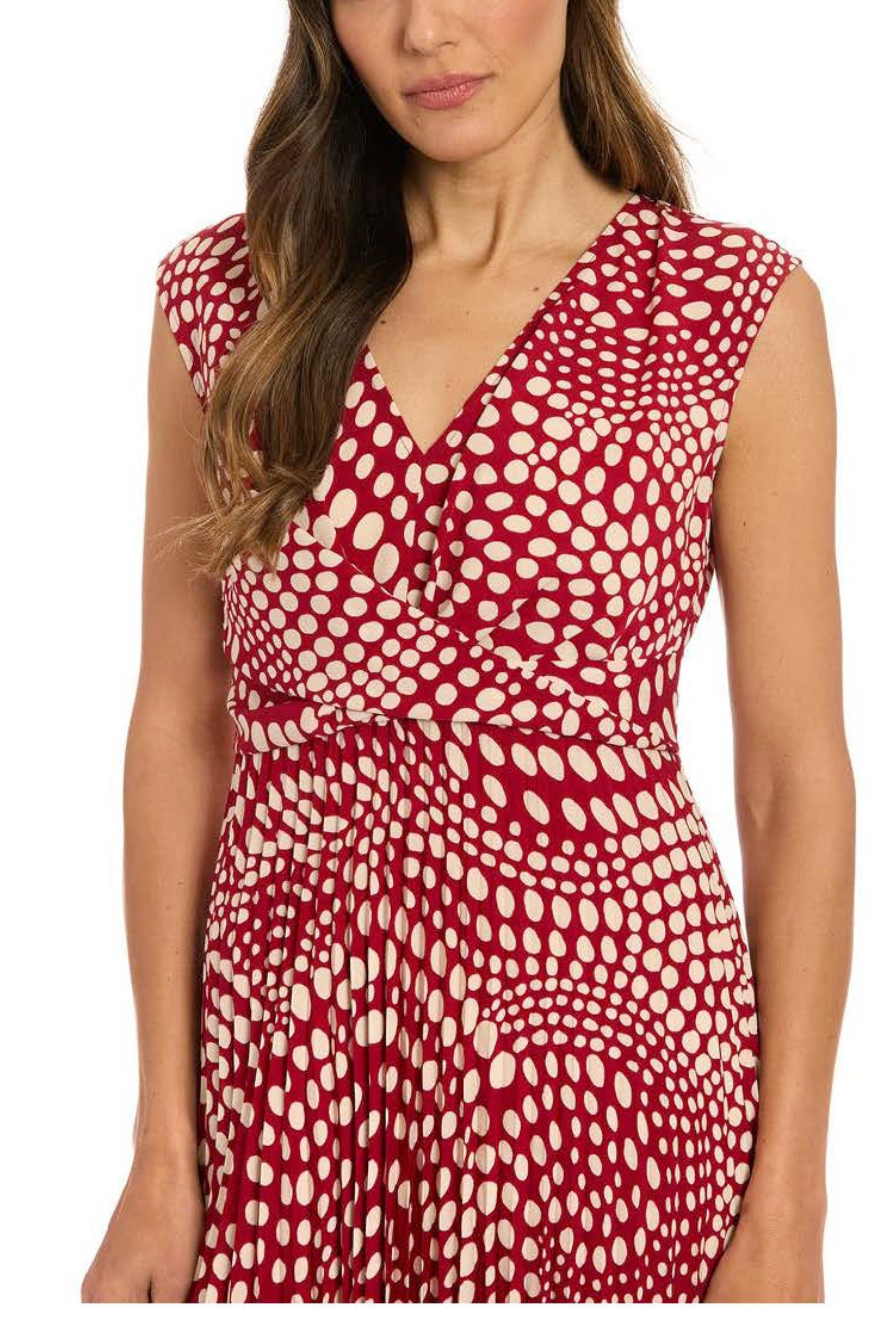 London Times T7695M Red Cream Polka Dot Pleated Hi-Lo Sleeveless V-Neck Midi Dress with Twist Detail
