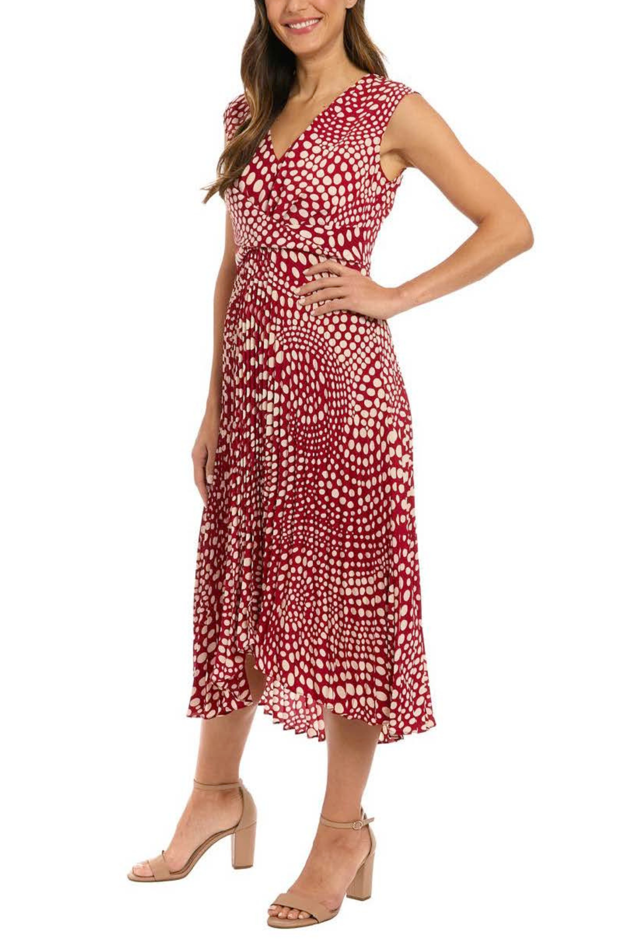 London Times T7695M Red Cream Polka Dot Pleated Hi-Lo Sleeveless V-Neck Midi Dress with Twist Detail
