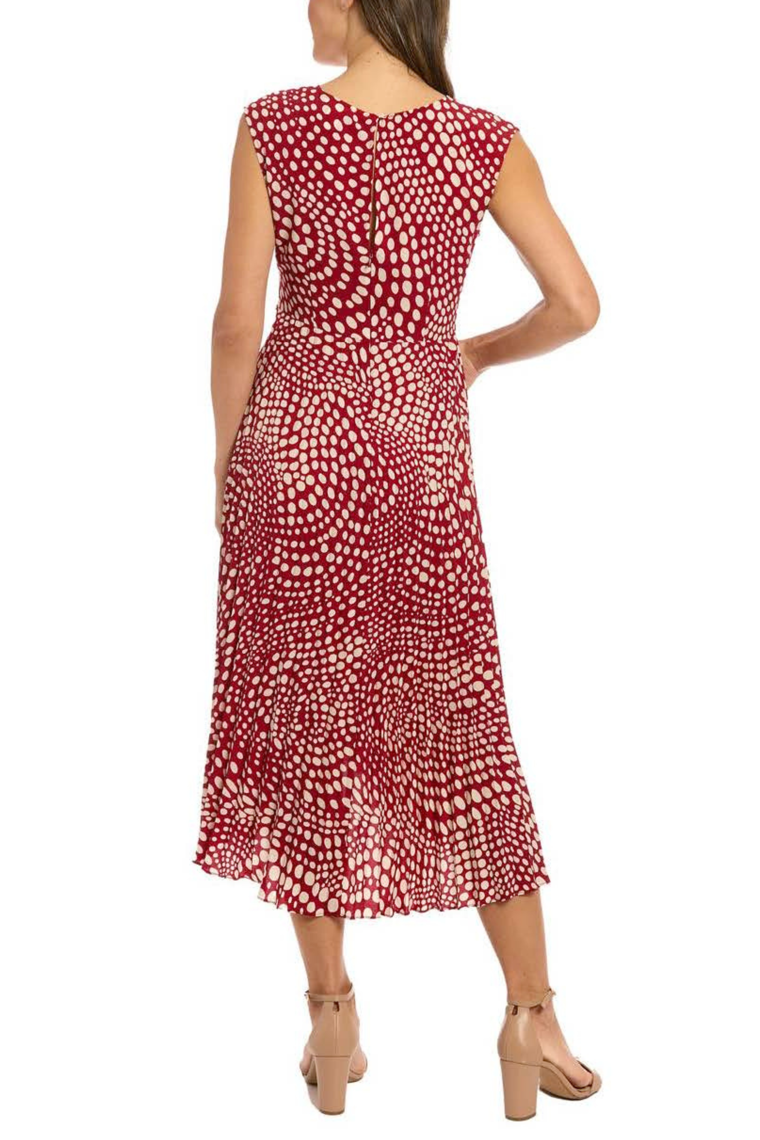 London Times T7695M Red Cream Polka Dot Pleated Hi-Lo Sleeveless V-Neck Midi Dress with Twist Detail