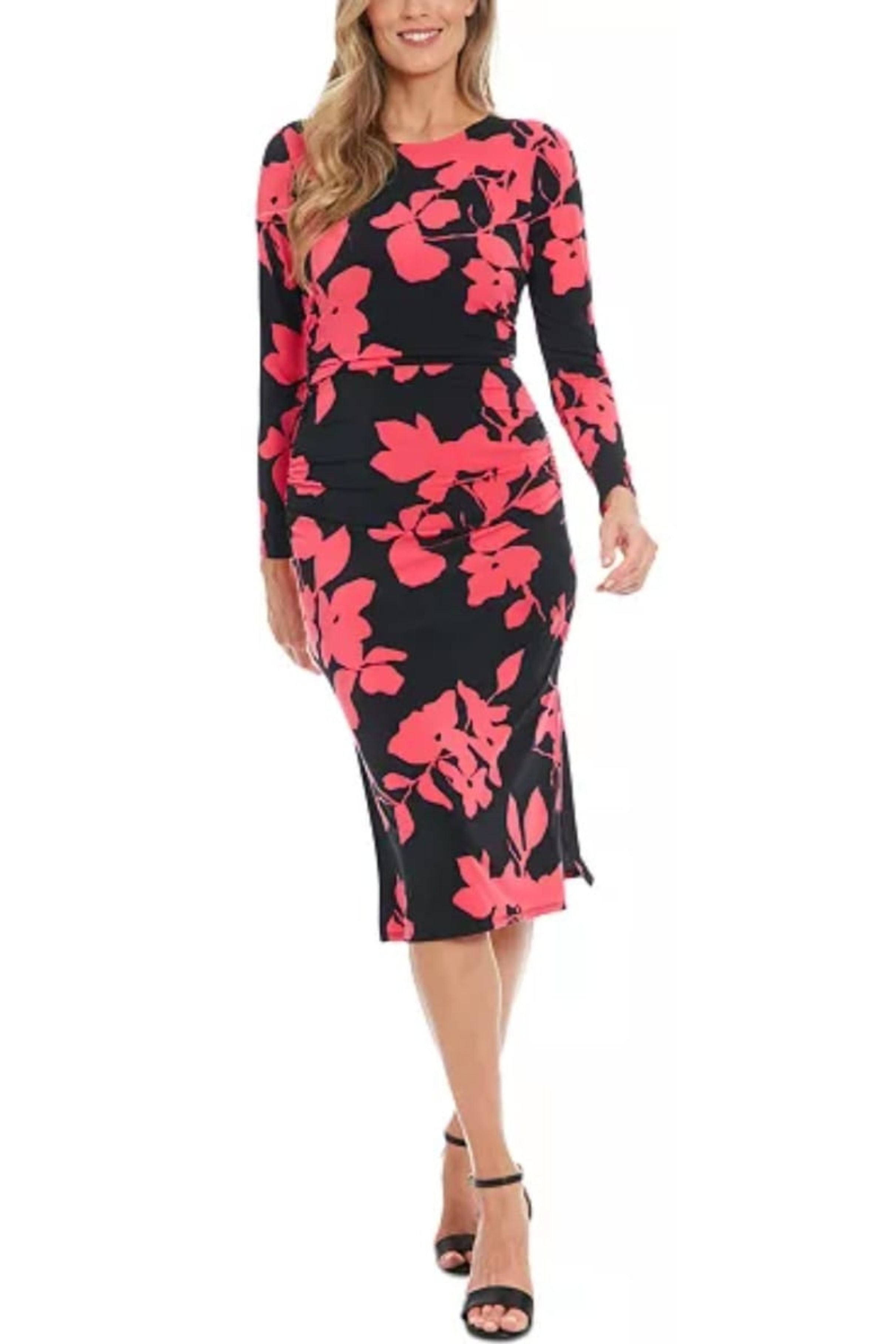 London Times T7746M Flower Print Sheath Long Sleeve Jersey Midi Dress with Slit Detail and Floral Print