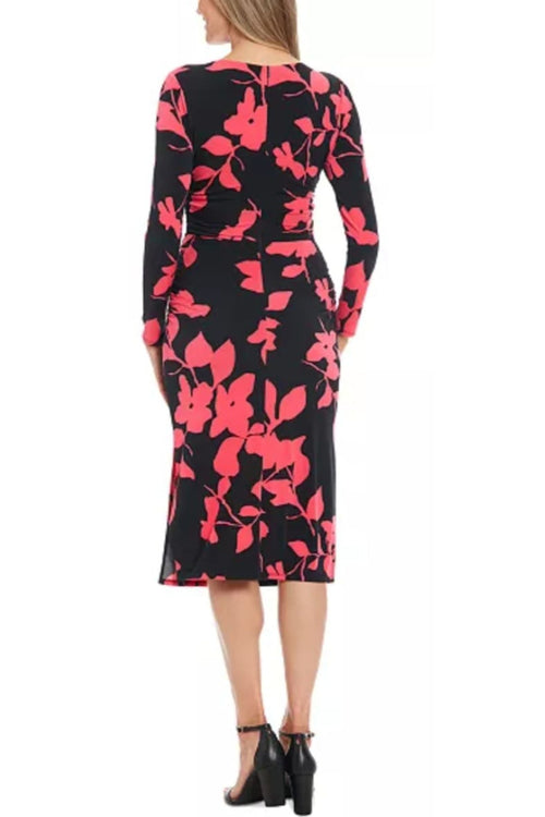 London Times T7746M Flower Print Sheath Long Sleeve Jersey Midi Dress with Slit Detail and Floral Print