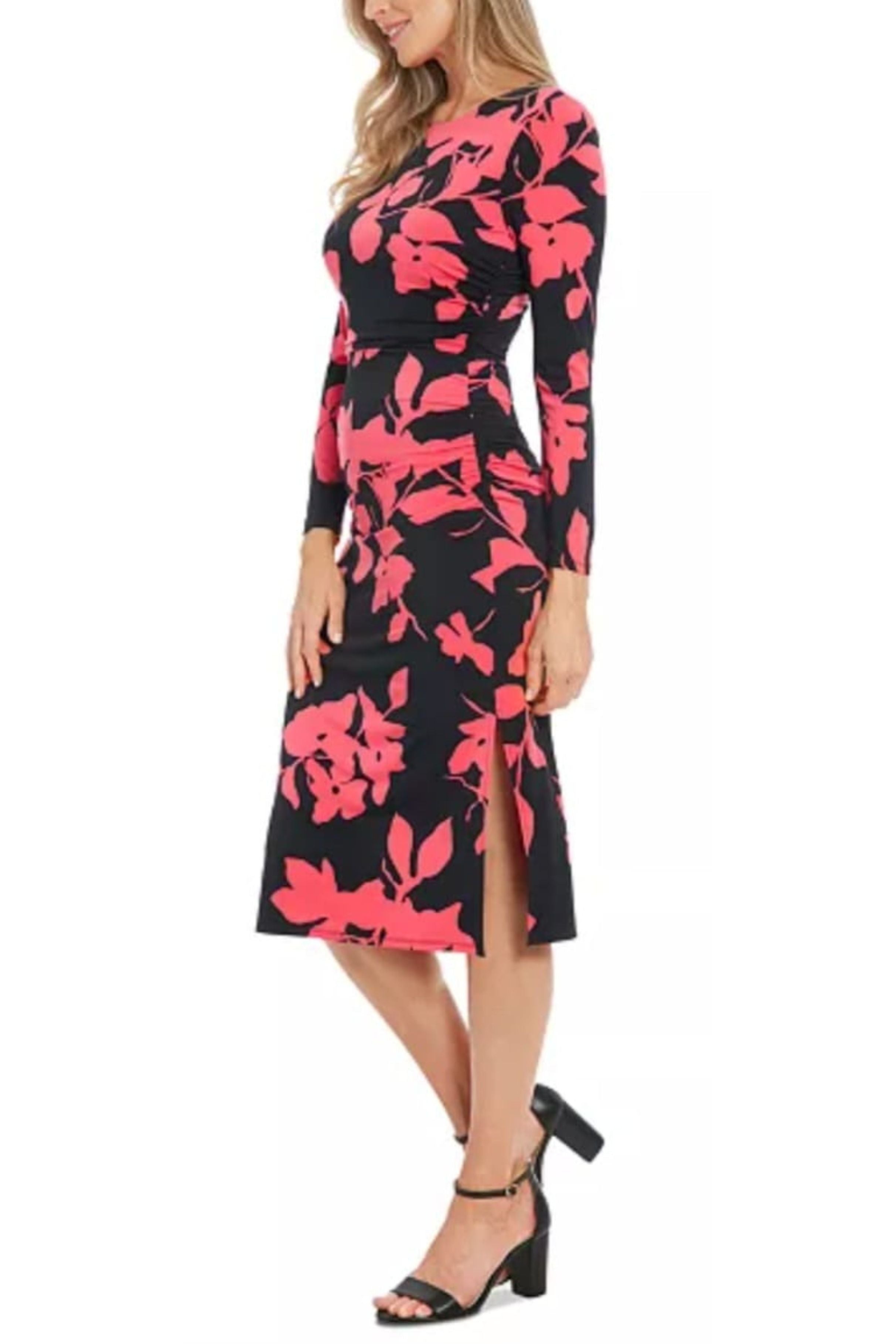 London Times T7746M Flower Print Sheath Long Sleeve Jersey Midi Dress with Slit Detail and Floral Print