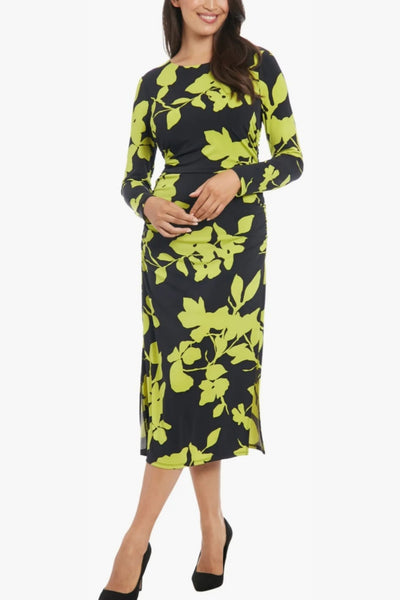 London Times T7746M Flower Print Sheath Long Sleeve Jersey Midi Dress with Slit Detail and Floral Print