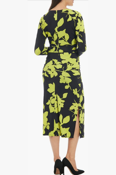 London Times T7746M Flower Print Sheath Long Sleeve Jersey Midi Dress with Slit Detail and Floral Print