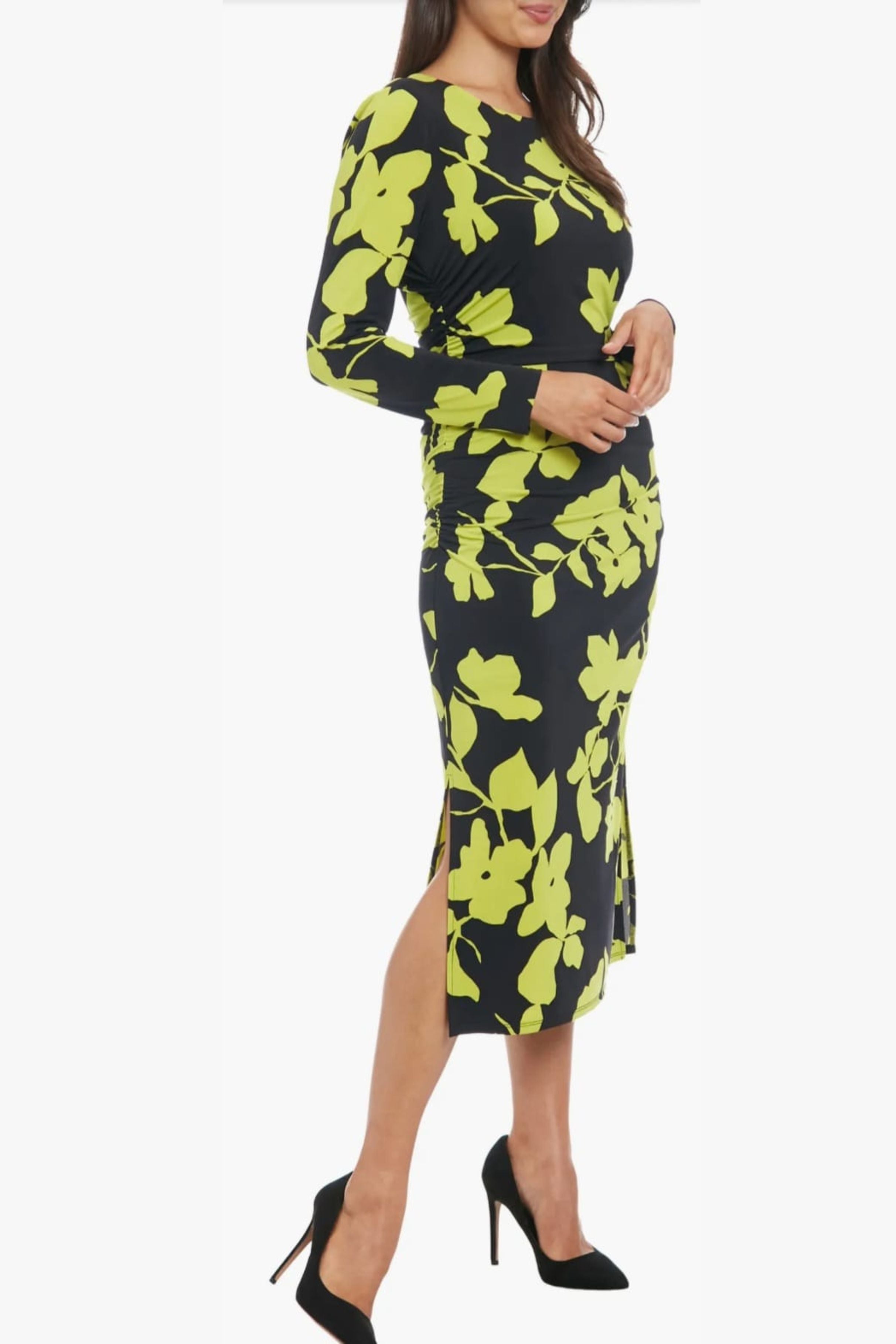 London Times T7746M Flower Print Sheath Long Sleeve Jersey Midi Dress with Slit Detail and Floral Print