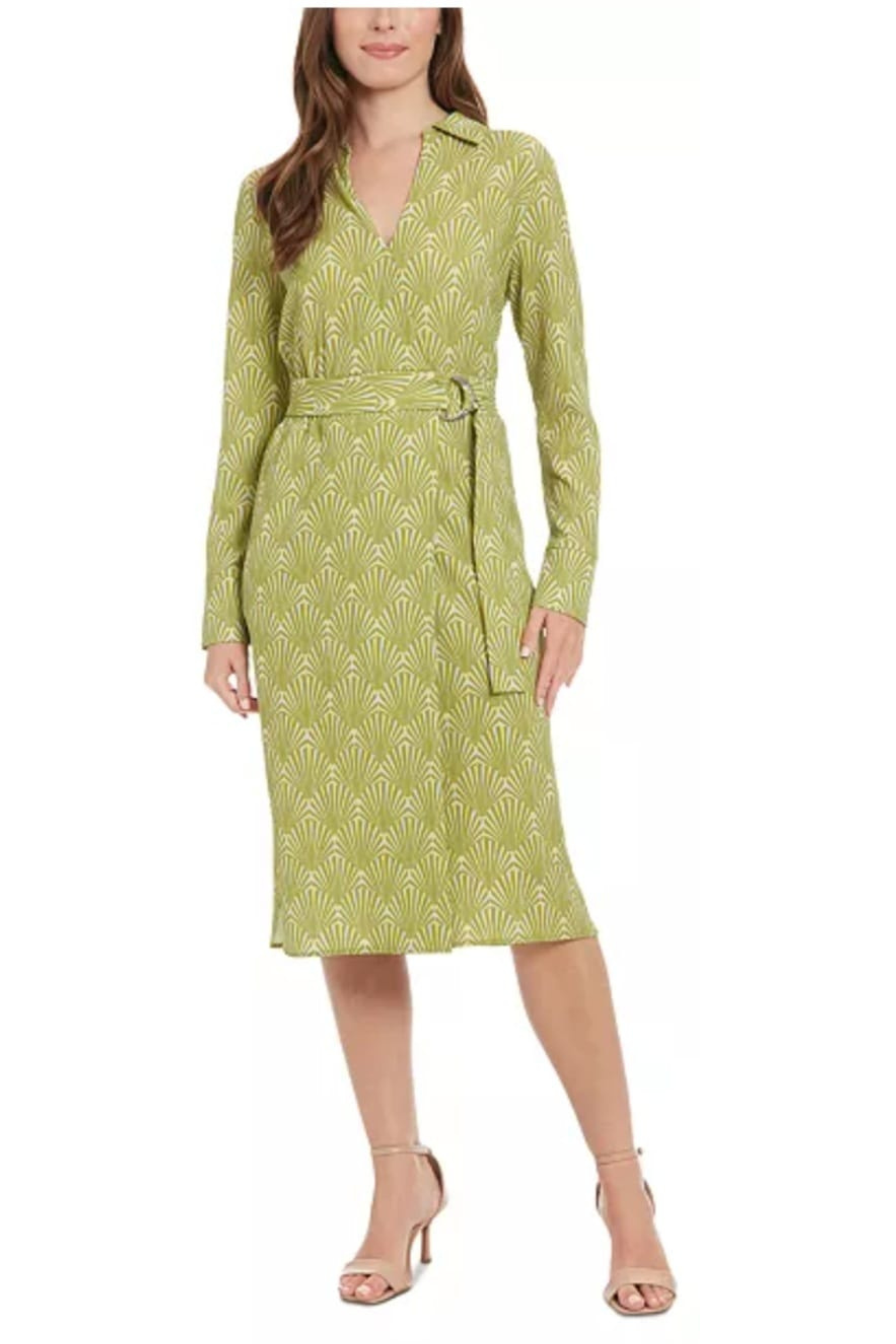 london times green dress T7748M Multi Long Sleeve Geo Print Faux Wrap Green Multi / 8 Size:4-6 year Bella Hadid Wears Versace 8 / 4 US extended cap sleeves