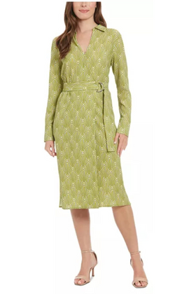 London Times T7748M Green Multi Long Sleeve Geo Print Faux Wrap Dress with Bubble Crepe, Geometric Print