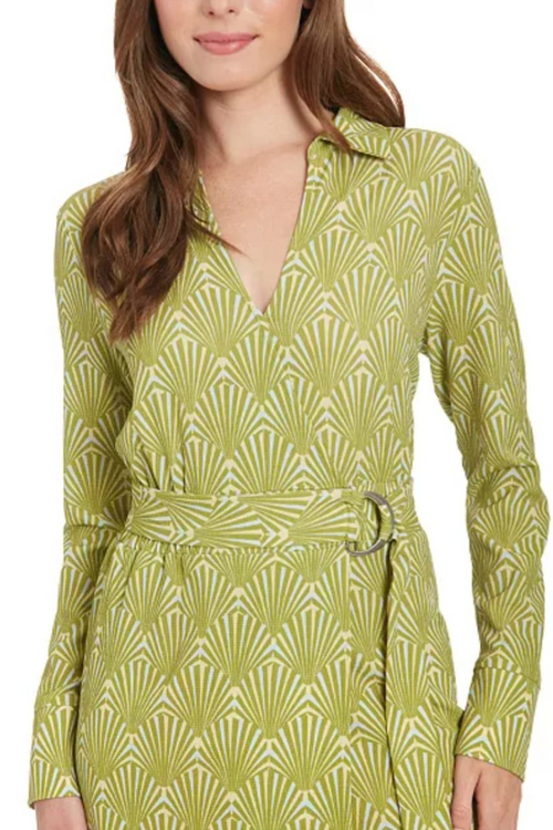 London Times T7748M Green Multi Long Sleeve Geo Print Faux Wrap Dress with Bubble Crepe, Geometric Print