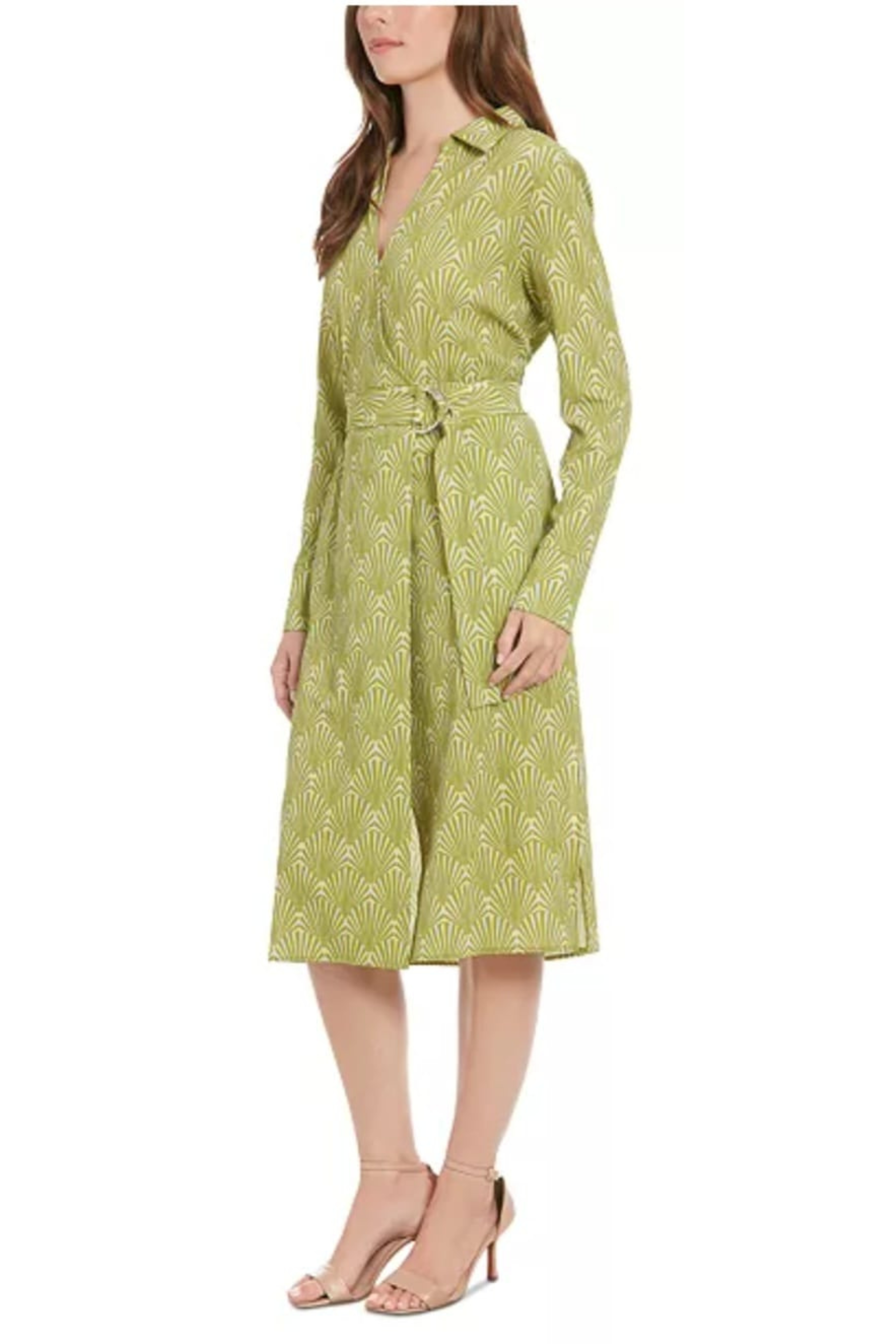 London Times T7748M Green Multi Long Sleeve Geo Print Faux Wrap Dress with Bubble Crepe, Geometric Print