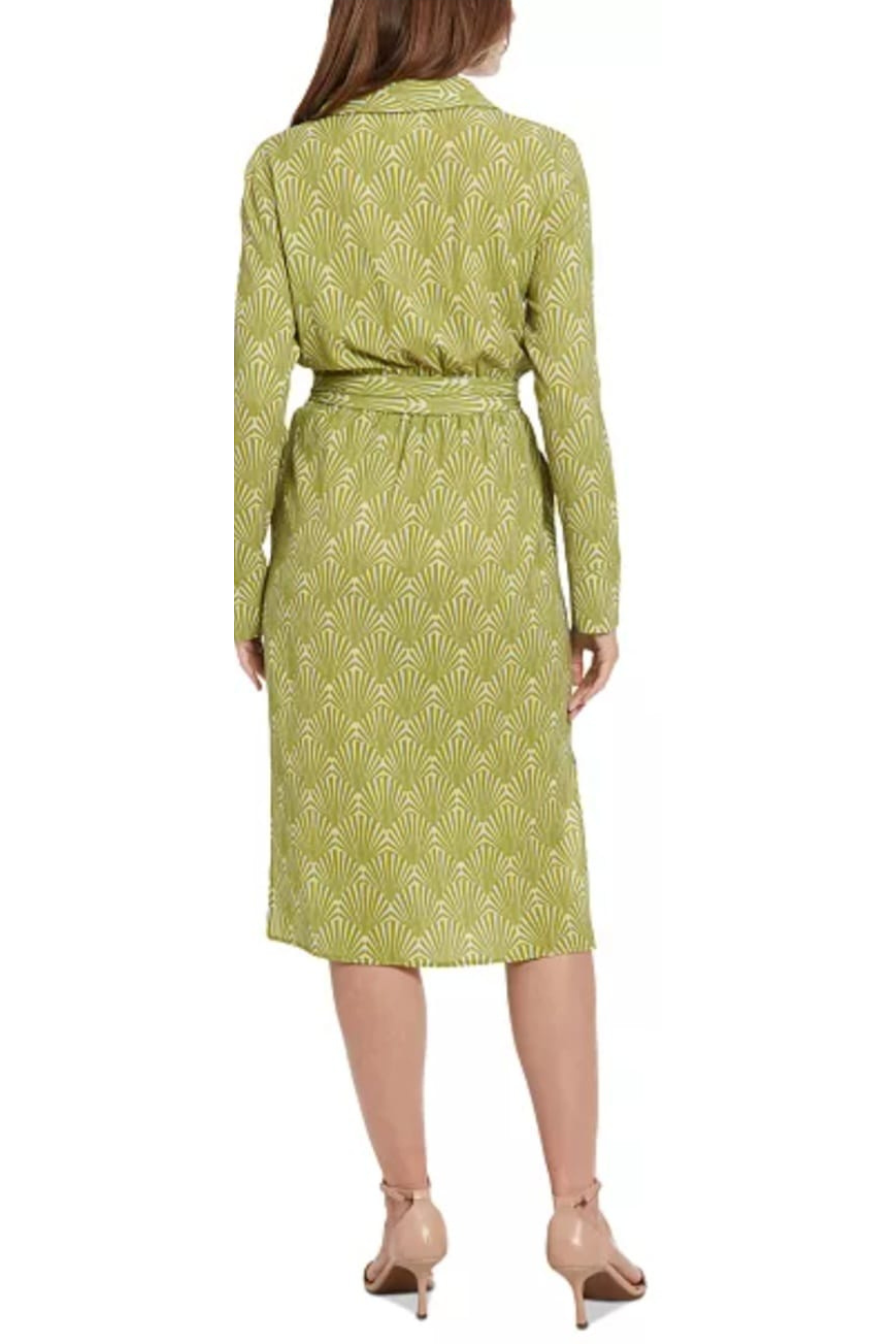 London Times T7748M Green Multi Long Sleeve Geo Print Faux Wrap Dress with Bubble Crepe, Geometric Print