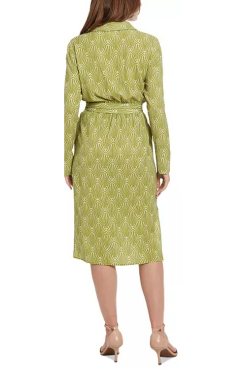 London Times T7748M Green Multi Long Sleeve Geo Print Faux Wrap Dress with Bubble Crepe, Geometric Print