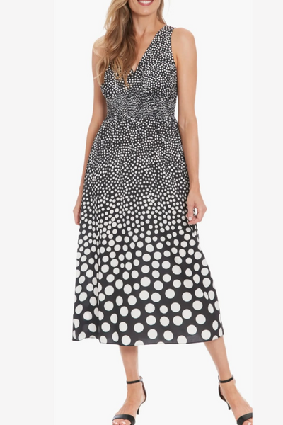 London Times T7751M Polka Dot Sleeveless Bubble Crepe Midi Dress with Polka Dot Print
