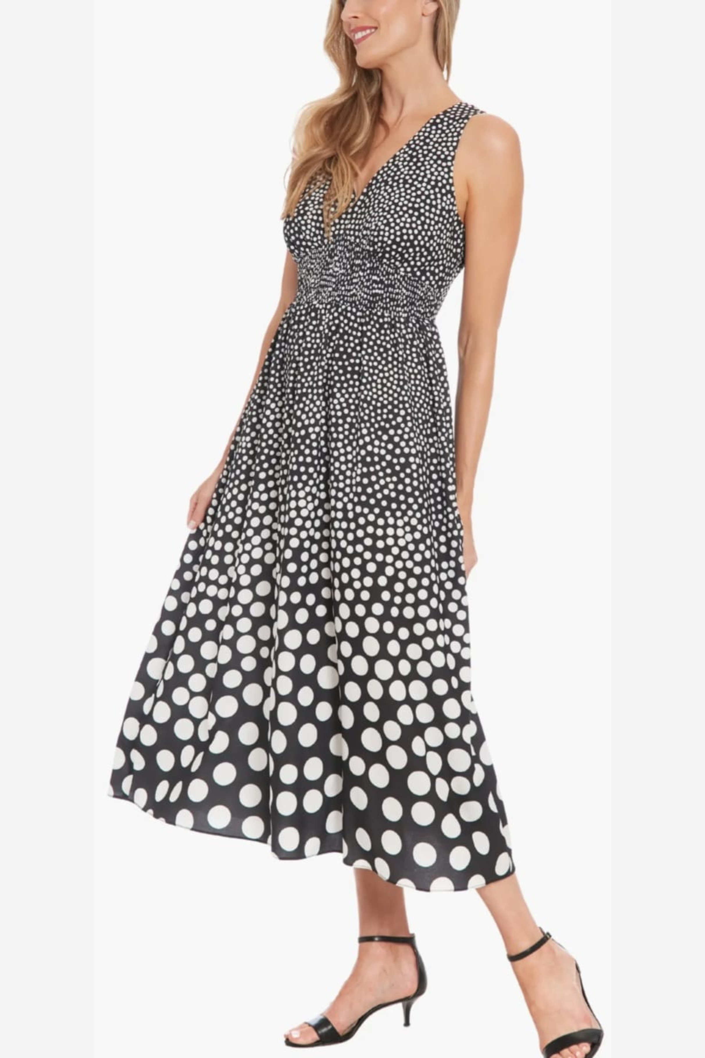 London Times T7751M Polka Dot Sleeveless Bubble Crepe Midi Dress with Polka Dot Print