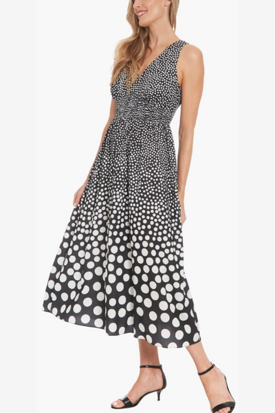 London Times T7751M Polka Dot Sleeveless Bubble Crepe Midi Dress with Polka Dot Print